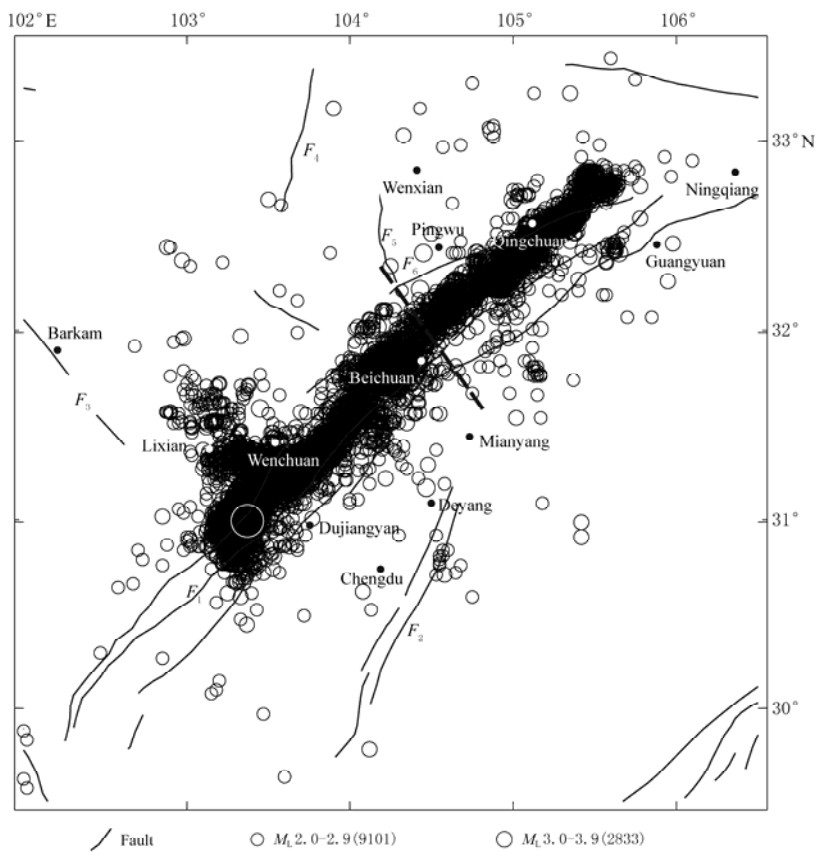 Figure 1. Distribution of aftershocks of the Wenchuan earthquake. The earthquakes of ML≥2.0 occurred in the period from 12 May to 19 August 2008. F1. Longmenshan fault; F2. Longquanshan fault; F3. Fubianhe fault; F4. Minjiang fault; F5. Huya fault; F6. Qingchuan fault; F7. Huayingshan fault; F8. Xianshuihe fault; F9. Wenxian-Lueyang fault.