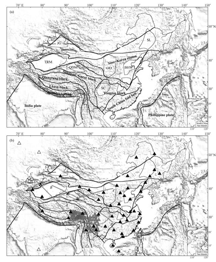 Figure 1. (a)Maps of China and surrounding areas in this study. Black thick lines mark the major tectonic boundaries and gray thin lines mark major basins. The basins include the Tarim (TRM), Junggar (JG), Qaidam (QDM), Sichuan (SC), Ordos (OD), Bohai wan (BHW) and Songliao (SL) basin. The blocks include the Songpan-Garze, Qiangtang, Lhasa and Himalaya block in the Tibetan region and the Sino-Korea craton, the Yangtze block and South China fold belt in East China. Plotted in the background is the topography in this region. (b) Distribution of seismic stations used in this study, including China National Seismic Network stations (black solid triangles), global and regional stations in the surrounding areas (black open triangles) and temporary PASSCAL stations (gray solid triangles). AA′, BB′ and CC′ are cross section profiles shown in Figure 6.