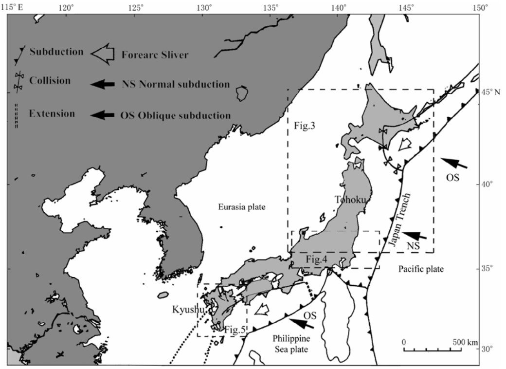Figure 1. Map showing the tectonic framework around the Islands of Japan (Modified from Kamata and Kodama, 1999). Curved lines show the trenches that represent the major plate boundaries in Japan. Three boxes show the study regions, the Northeastern Japan (Figure 3), the Kanto district in Central Japan (Figure 4) and Kyushu in Southwestern Japan (Figure 5).