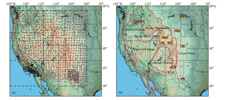 Figure 1. (a) Station coverage in the western US. The EarthScope USArray Transportable Array is plotted as circles, and regional arrays CI, BK and XP are plotted as triangles. The division of the sub-regions for twoplane-wave tomography is outlined with dashed lines. (b) Major geological units in the western US are outlined and identified with names and abbreviations: Rocky Mountains, Columbia Plateau, Cascade Range (CR), Snake River Plain, Basin and Range, Sierra Nevada Mountains (SN), Central Valley (CV), Colorado Plateau, and Rio Grande Rift (RGR). Major sedimentary basins are indicated with orange-red abbreviations (from north to south): Williston Basin (WB), Columbia River sub-Flood Basalt sediment (CRFB), Powder River Basin (PRB), Green River Basin (GRB), Uinta Basin (UB), Washakie Basin (WB), Denver Basin (DB), Central Valley (CV), Albuquerque Basin (ALB in New Mexico), Altar Basin (AB in southern California), Permian Basin (PB).