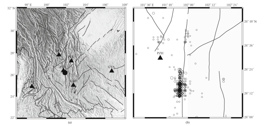 Figure 1. Epicenter of the main shock (solid circle) and seismic stations (triangles) overlaid topography (a); Location of the Panzhihua (PZH) station (triangle) and distribution of aftershocks (open circles) and fault traces (lines).