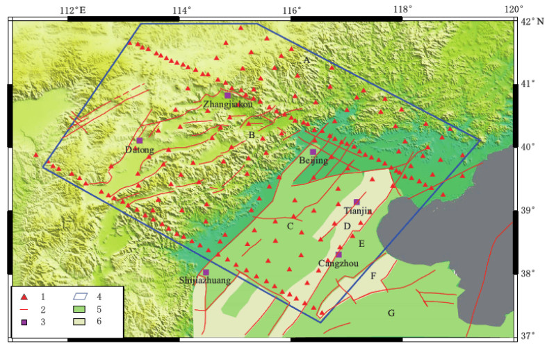 Figure 1. The tectonic sketch map and the distribution of stations. 1. Broadband stations; 2. Major active faults; 3. Cities; 4. The study region; 5. Depression in basins; 6. Uplift in basins. A.Yanshan uplift; B. Taihangshan uplift; C. Jizhong depression; D. Cangzhou uplift; E. Huanghua depression; F. Chengning uplift; G. Jiyang depression.