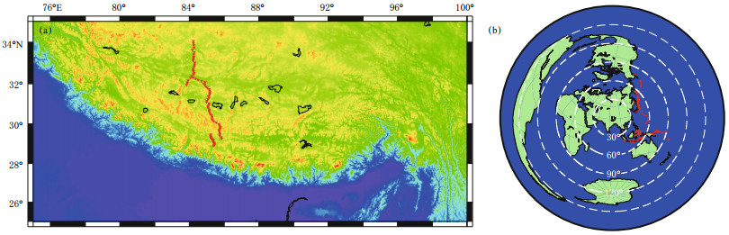 Figure 1. (a) A map showing Hi-CLIMB seismic stations with elevation greater than 4 300 m; (b) Earthquakes (red stars) used in this study. White dashed circles are epicentral distances (every 30°) from a nominal point (longitude 84.9°E, latitude 31.5°N) in Tibet.