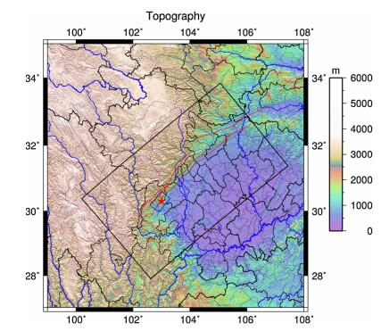 Figure 1. The map of the region this work concerns. The black box depicts the computational region; the smaller blue box in the middle shows the surface projection of the rupture fault. The red pentagram represents the epicenter of an earthquake and the red lines are faults in Longmenshan fault zone