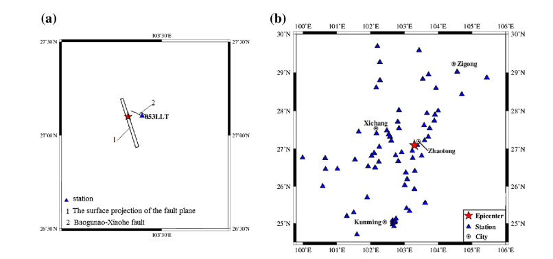 Figure 1. a Projection of the rupture plane on the surface given by Zhang et al. (2014) and the Baogunao-Xiaohe fault. b Locations of the free-field strong-motion stations (Rrup < 300 km) during the Ludian earthquake