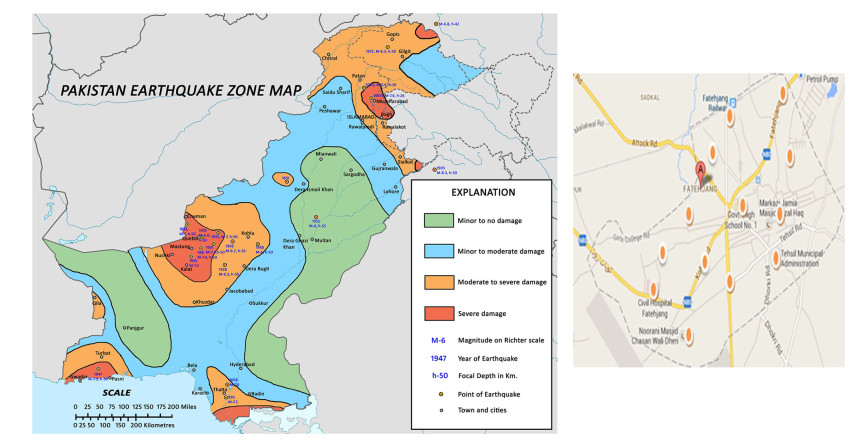 Figure 1. Seismic zonation map designed by Pakistan Metrological Department and the satellite image representing sites of data acquisition within study area