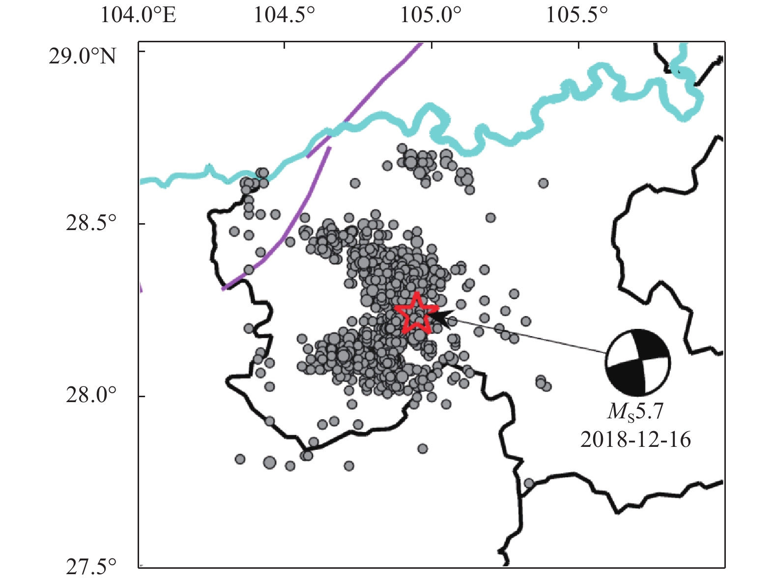 Figure 1. The epicenters of earthquakes (ML≥ 2.0) that occurred from January 2006 to October 2018 and tectonic setting. Grey circles show the epicenters of earthquakes. Purple thick solid lines represent the Huarongshan fault. The red star represents the epicenter of the MS5.7 Xingwen earthquake. The focal mechanism solution shown in the figure was obtained by Guo Xiangyun (Result of emergency response on 16 December 2018)