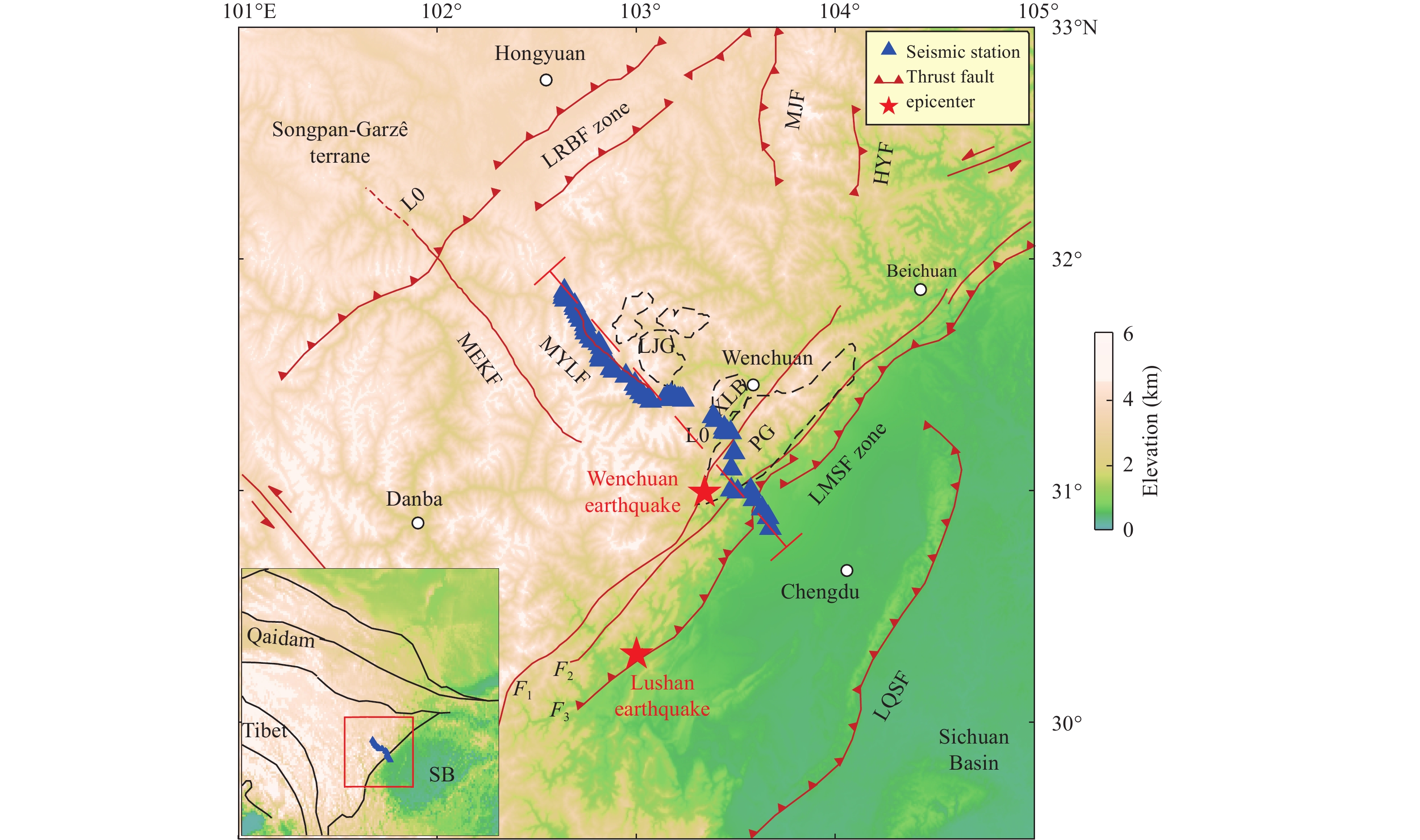 Figure 1. Tectonic setting and distribution of seismic stations in the Longmenshan fault zone. LQSF: Longquanshan fault zone; IMSF zone: Longmenshan fault zone; F1: Wenchuan-Maoxian fault; F2: Yingxiu-Beichuan fault; F3: Hanwang-Anxian fault; MEKF: Barkam fault; HYF: Huya fault; LRBF zone: Longriba fault zone; MJF: Minjiang fault; LJG: Laojungou granite (Mesozoic granite); XLB: Xuelongbao complex (Neoproterozoic metamorphic complex); PG: Pengguan complex (Neoproterozoic metamorphic complex); SB: Sichuan Basin; Red dashed line L0: A profile line; Blue triangle: Seismic station. The red square is study area