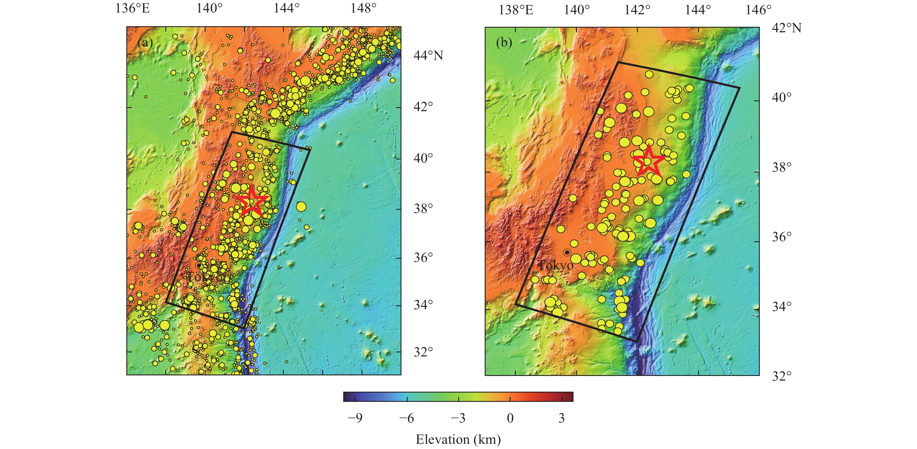Figure 1. Distributions of events used in this study in (a) b-value and (b) apparent stress analyses. The red star denotes the epicenter of the March 11, 2011 Tohoku-Oki mainshock. The black polygon encompasses the study region.