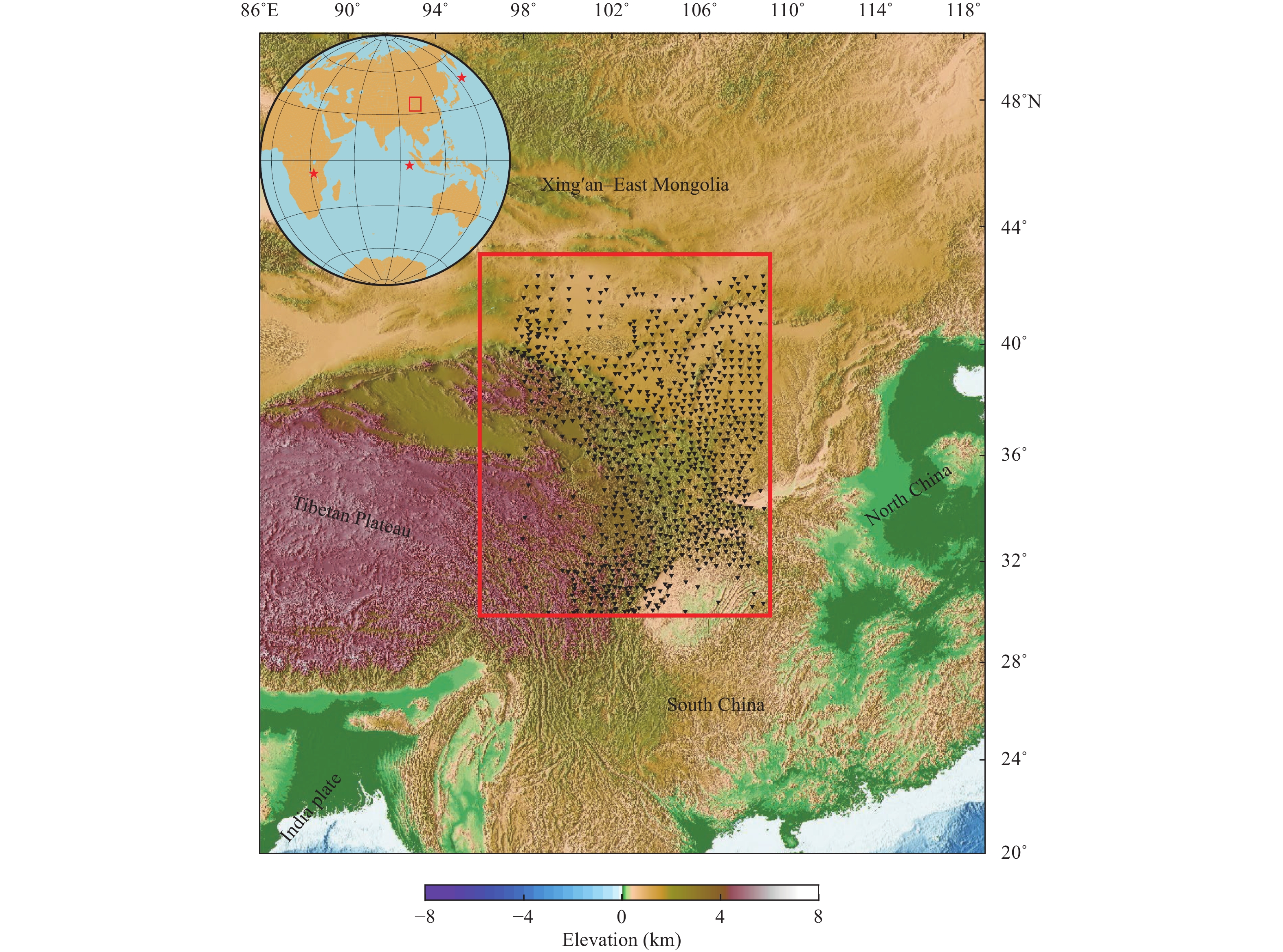 Figure 1. Stations (black inverted triangles) in the northeastern Tibetan Plateau. The inset map shows the study area on the globe. Three teleseismic events (red stars) are selected for subsequent analyses. The red rectangles in the plots indicate the range of the study area.