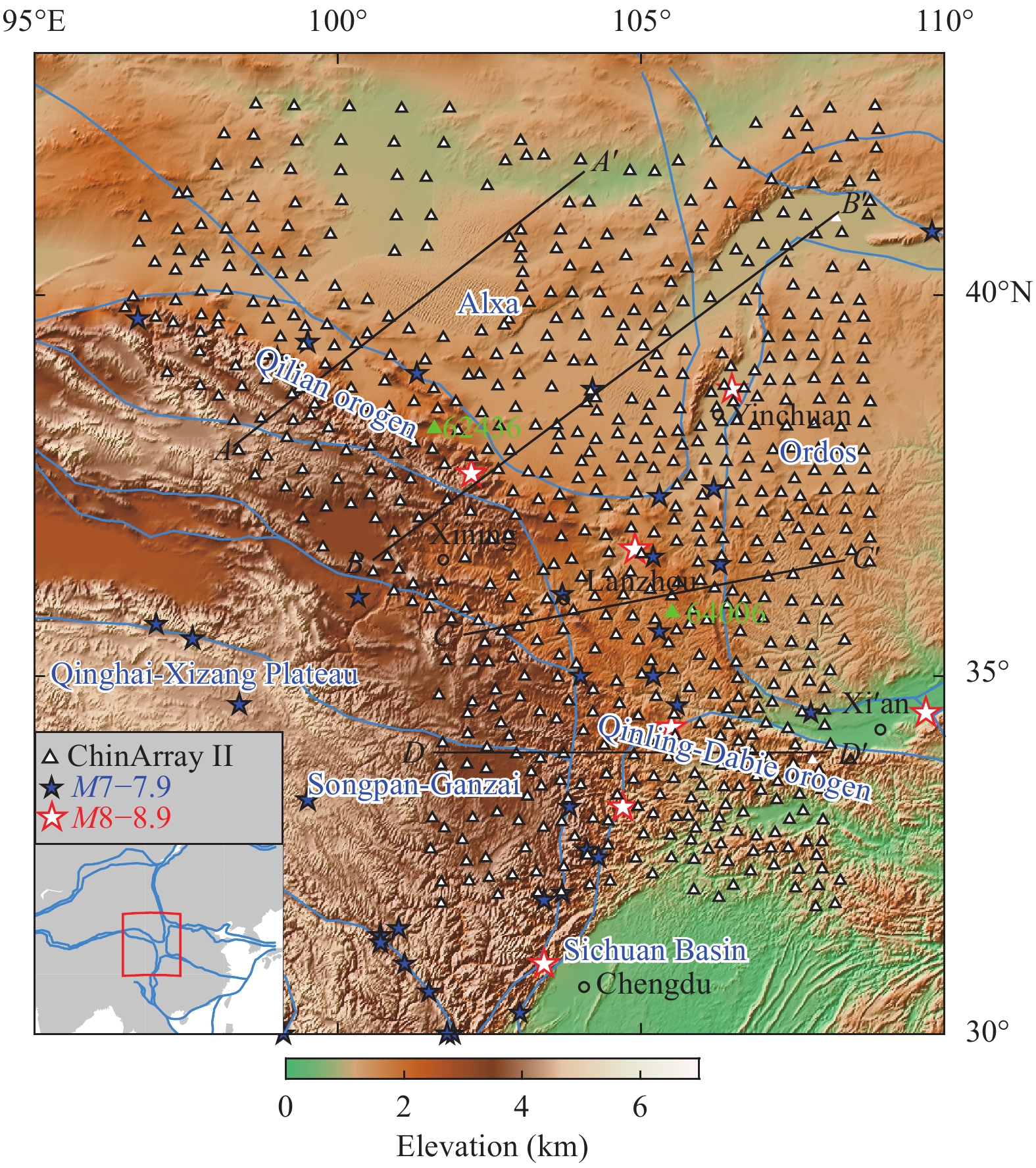 Figure 1. Distribution of ChinArray II stations (triangles) used in this study, with topography (color), the main crustal blocks (labeled, boundaries indicated by dark blue lines) and major historical earthquakes (M>7) (stars). The green triangles indicate the two example stations used for the joint inversion demonstration in Figure 2. Black lines AA' to DD' indicate the locations of the velocity cross sections in Figure 5.