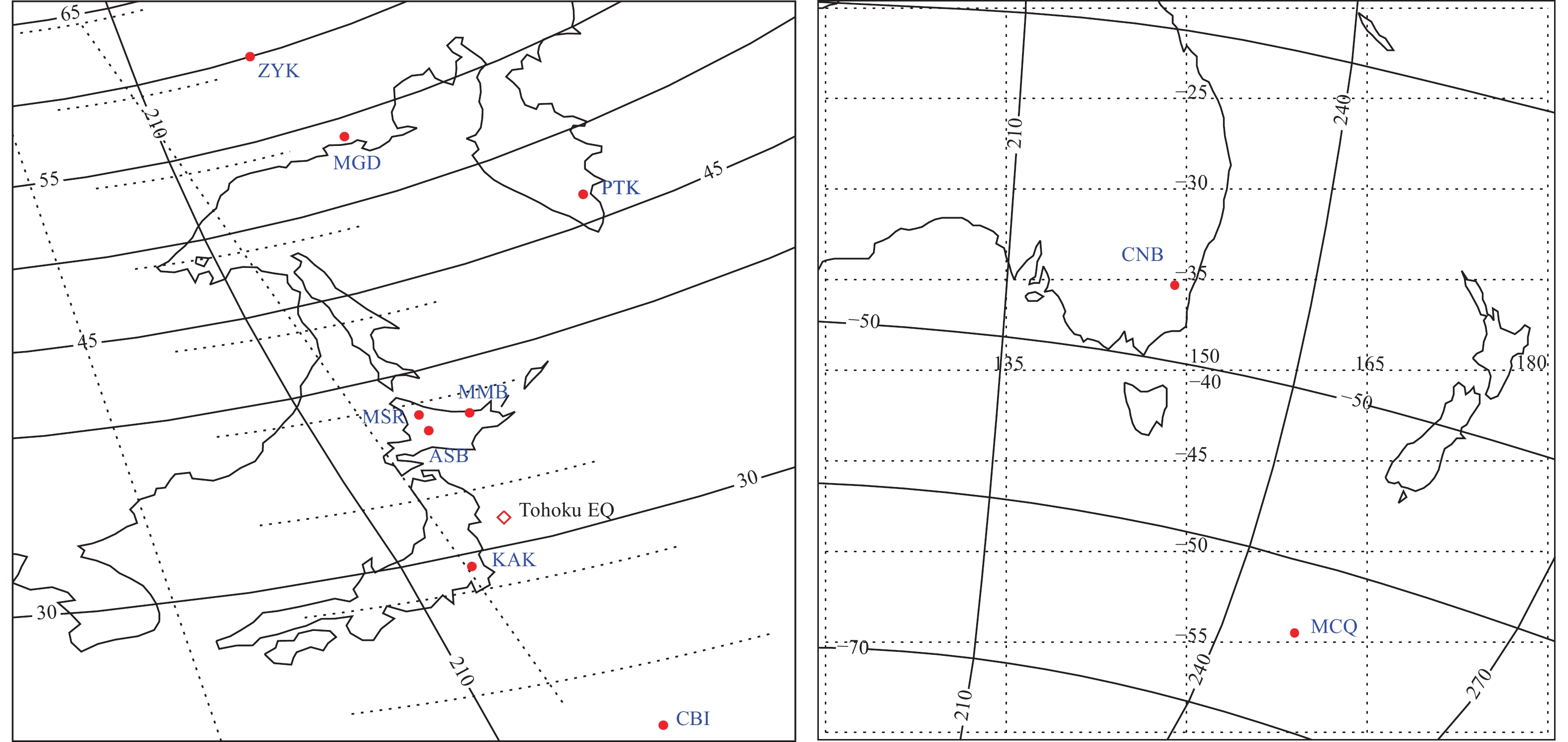 Figure 1. Map of the Far East region. The positions of the magnetic stations (red dots) and the epicenter of the March 11, 2011, earthquake (red diamond) are shown for the Northern Hemisphere in the left-hand panel and for the Southern Hemisphere in the right-hand panel. Solid lines denote geomagnetic coordinates, and dotted lines show geographic coordinates.